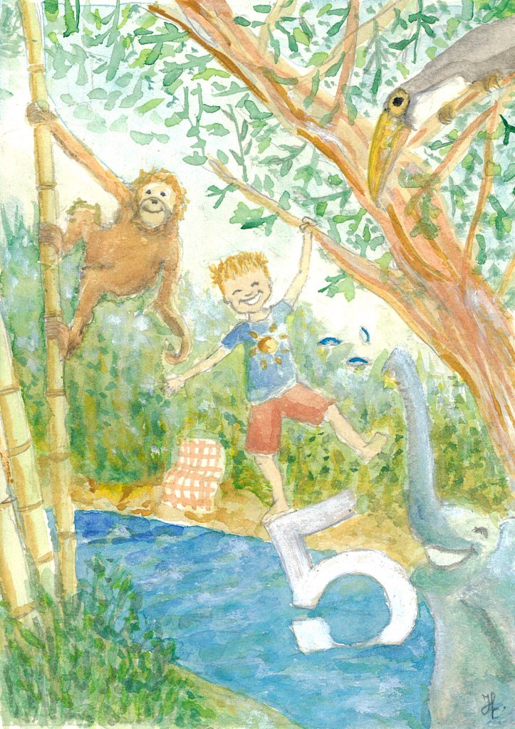 Carte d'anniversaire pour les 5 ans de mon neuveu Victor.
Illustration au crayon et coloration à l'aquarelle