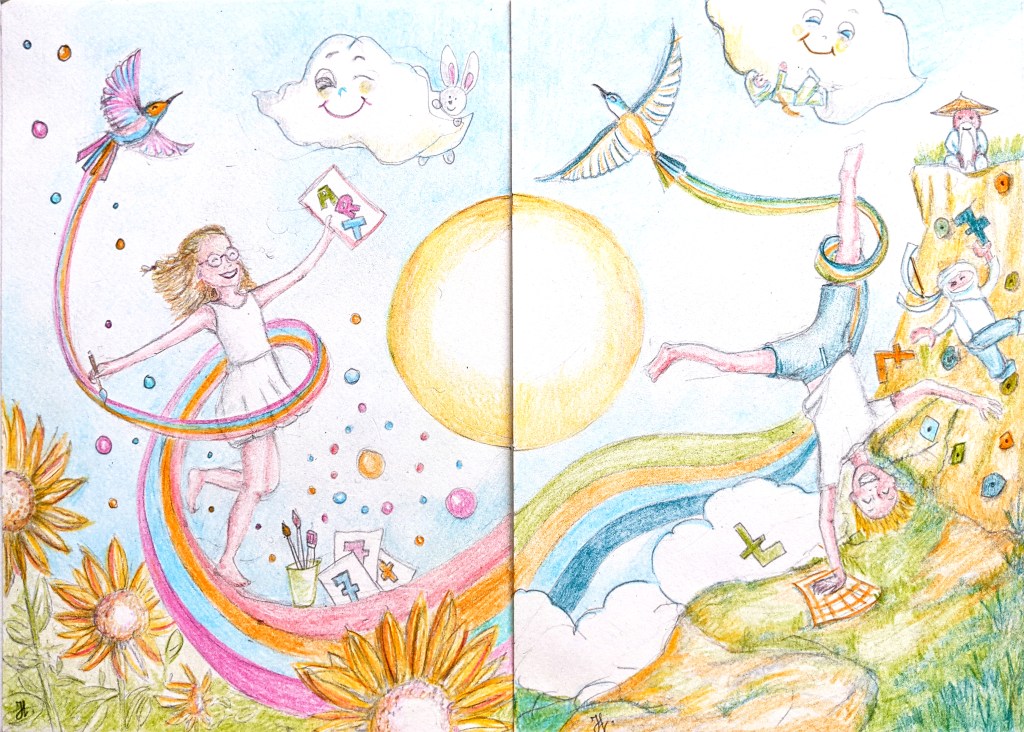 Carte d'anniversaire pour les 7 ans de mon neuveu et ma nièce, Victor et Elise,
Illustration et coloration au crayon et crayons de couleurs